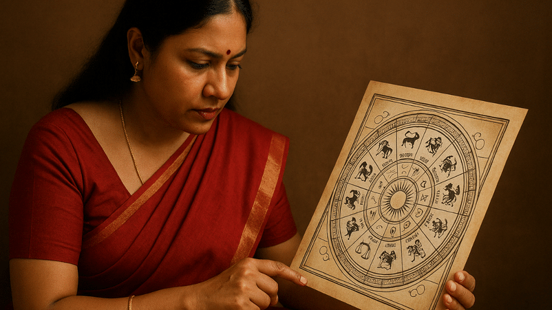 Horóscopo Diario del 16 de abril de 2025 Mujer india leyendo un gráfico zodiacal con enfoque en el horóscopo del 16 de abril de 2025