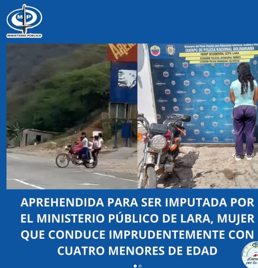 Imputarán a mujer que abordo de una moto arriesgó la vida de 4 menores de edad
